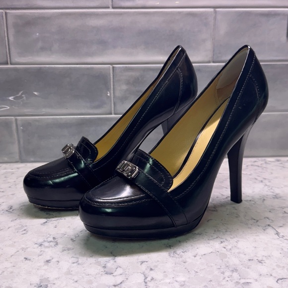 Coach Luisa Silver Buckle Polished Black Leather Platform 5” Heels size 8.5 - Picture 2 of 7